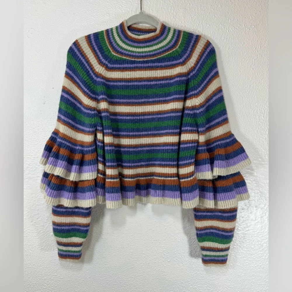 Current Air Striped Tiered Sleeve Sweater Women’s Large in Purple Green
